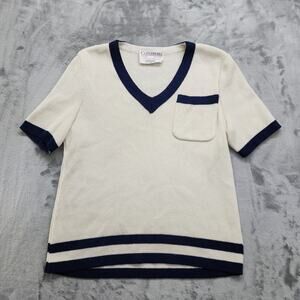 Vintage Castleberry I.Magnin Sweater Womens 16‎ Cream Blue V-Neck Short Sleeve